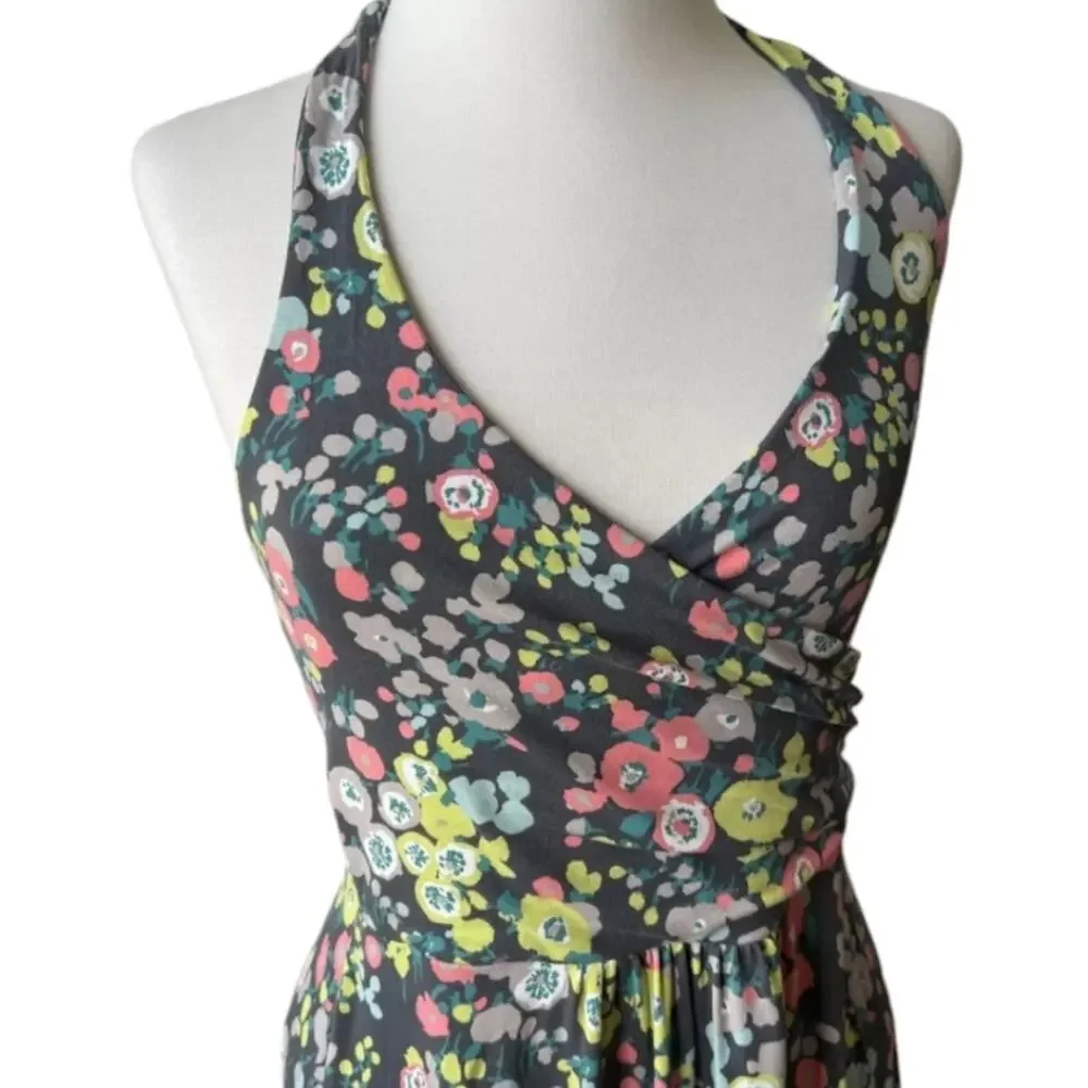 BODEN Women's St. Lucia‎ Halter Dress US Sz 6 Grey Floral Chartreuse Multicolor